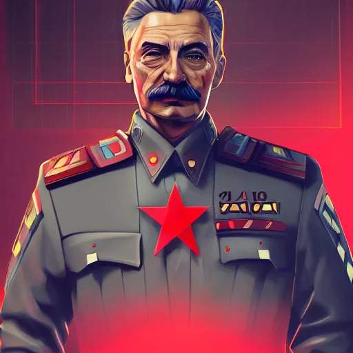 Image similar to cyberpunk joseph stalin as the leader of a futuristic communist society, cybernetics, sharp lines, digital, artstation, colored in