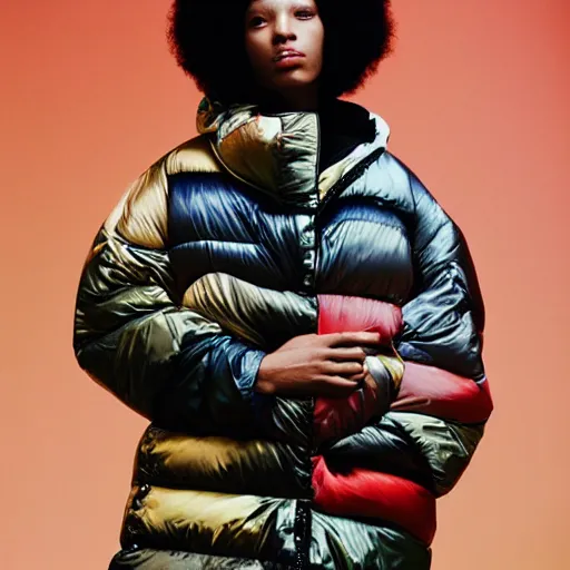 Image similar to realistic photoshooting for a new balenciaga lookbook, color film photography, portrait of a beautiful woman, model is wearing a multi layered puffer jacket, photo in style of tyler mitchell, 3 5 mm,