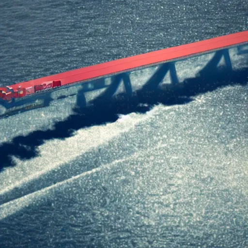 Prompt: cinematic movie still of a container ship traveling under the francis scott key bridge choppy weather with glossy water. there is a feeling of powerful energy in the water. digital art, 3 d octane render, 8 k, 4 k, imax 7 0 mm, rtx.