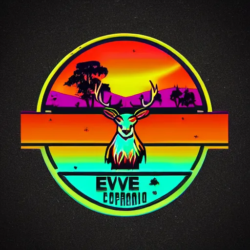 Image similar to logo for evil corporation that involves deer, retro synthwave style, retro sci fi