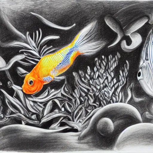 Prompt: hypercolorful goldfish in a confusing aquarium, surrealist drawing