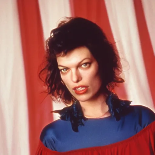 Image similar to 80s movie still close-up facing portrait of Mila Jovovich standing in a ceremony, by Irving Penn , Cinestill 800t 35mm , heavy grainy picture, very detailed, high quality, 4k, HD criterion, precise texture, with a large sovietic flag