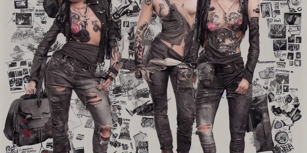 Prompt: anne winters fully tattooed, wearing scratched and ripped short leather jeans, wearing an aviator outfit with a smiley stamp on its back, character sheet, fine details, props, concept design, contrast, kim jung gi, greg rutkowski, trending on artstation, 8 k, full body, turnaround, front, back, ultra wide angle