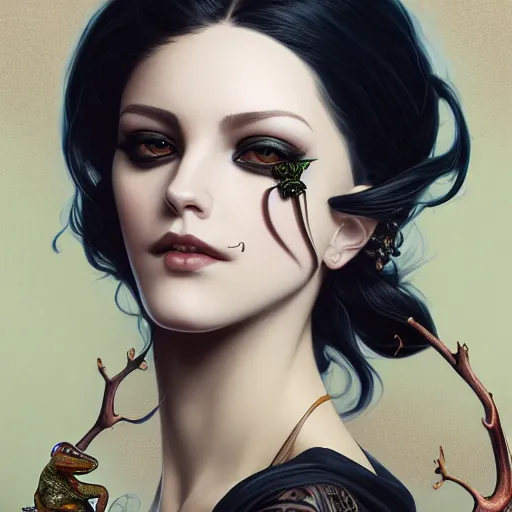 Image similar to attractive goth woman with a frog, intricate, highly detailed, digital painting, artstation, concept art, smooth, sharp focus, illustration, unreal engine 5, 8 k, art by artgerm and greg rutkowski and alphonse mucha