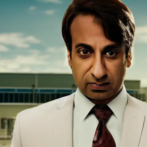 Image similar to Raj Koothrappali as Saul Goodman, promo poster, clouds in the background, cinematic light, 35 mm, film grain, movie, realistic, detailed face