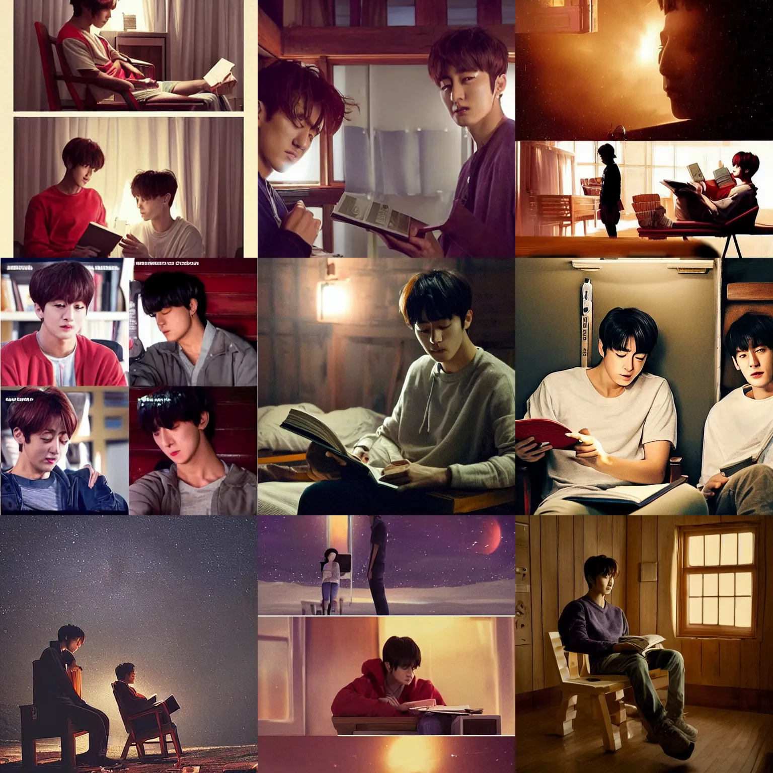 Prompt: scene from a 2010s science fiction film+ Seokjin is reading his red book on a wooden chair inside the cabin + now its night time + jungkook is younger so seokjin told him to get some rest + CGSOCIETY + directed by Luc Besson +