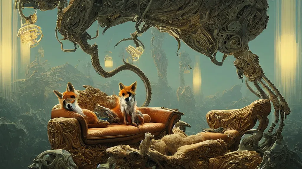 Image similar to a hyperrealistic photographical cream cyborg fox sitting on an ornate alien couch, symmetrical, intricate, detailed, volumetric lighting, sharp focus, photorealism, digital painting, highly detailed, concept art, by roger dean and beth cavener and simon stalenhag and mark brooks