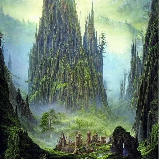 Image similar to a beautiful and highly detailed epic oil painting of an elven temple deep in the misty mountains, valley of dreams, tall trees, ancient runes, intricate details, epic scale, insanely complex, 8 k, sharp focus, hyperrealism, fantasy landscape, psychedelic, by caspar friedrich, brian froud, albert bierstadt,