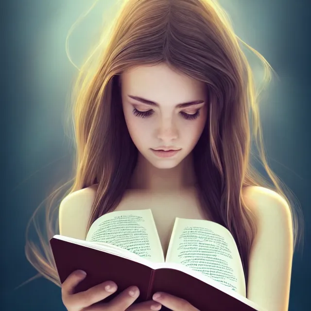 Prompt: beautiful girl reading a book, her hair flowing down, highly detailed, 4 k, hdr, smooth, sharp focus, high resolution, award - winning photo, artgerm, photorealistic