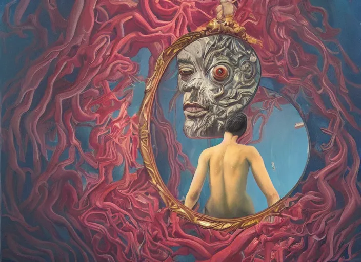Image similar to a painting of a person looking in a mirror, a surrealist painting by Taro Okamoto, behance contest winner, pop surrealism, surrealist, cosmic horror, biomorphic