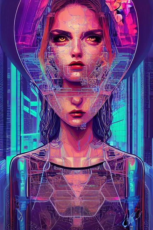Prompt: dreamy cyberpunk girl, abstract mirrors, digital nodes, beautiful woman, detailed acrylic, grunge, intricate complexity, by dan mumford and by konstantinas ciurlionis