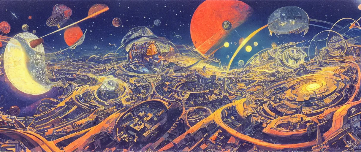 Prompt: a utopian city resting on the tongue of yog-soggoth as he slumbers curled around a wormhole in outer space by Robert McCall