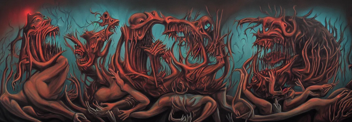 Prompt: visceral monsters from the darkest depths of collective unconscious, dramatic lighting, 1 9 3 0 s fleischer cartoon characters, wild emotional expressions - surreal painting by ronny khalil