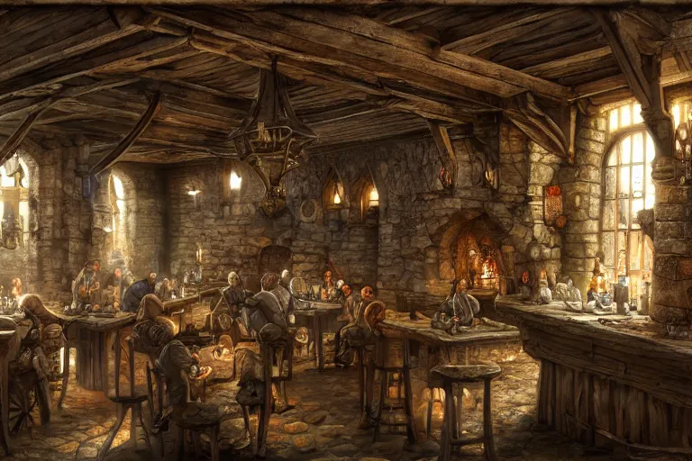 Image similar to A medieval tavern, texture, intricate, details, highly detailed, masterpiece, architecture, building, trending on artstation, focus, sharp focus, concept art, digital painting, fantasy, sunny, day, midday
