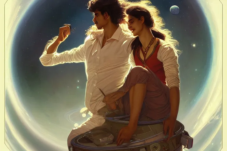 Image similar to Sensual good looking pale young Indian doctors wearing jeans in a space station above Earth, portrait, elegant, intricate, digital painting, artstation, concept art, smooth, sharp focus, illustration, art by artgerm and greg rutkowski and alphonse mucha