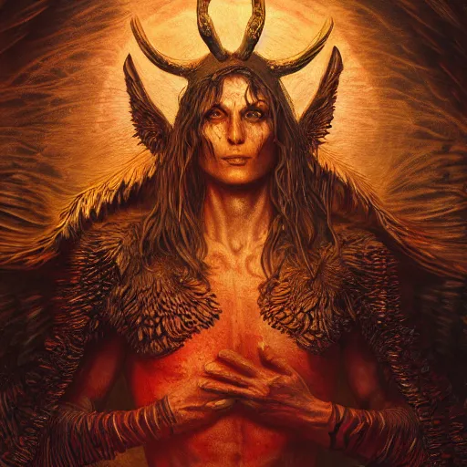 Image similar to photorealistic biblically accurate demonic archangel in the style of michael whelan and gustave dore. hyperdetailed photorealism, 1 0 8 megapixels, amazing depth, glowing rich colors, powerful imagery, psychedelic overtones, 3 d finalrender, 3 d shading, cinematic lighting, artstation concept art