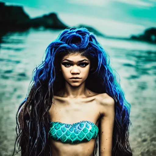 Image similar to Zendaya as mermaid, grungy, unkept hair, glowing eyes, modelsociety, radiant skin, huge anime eyes, RTX on, perfect face, intricate, Sony a7R IV, symmetric balance, polarizing filter, Photolab, Lightroom, 4K, Dolby Vision, Photography Award