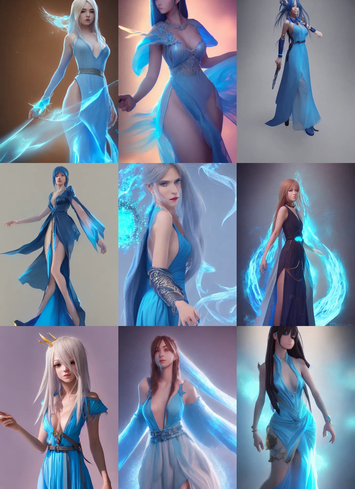 Prompt: detailed, sharp, full body portrait of a fantasy female mage wearing long blue dress using ice flower trending on artstation, octane render, anime arts, featured on Pixiv, HD, 8K, highly detailed, good lighting, beautiful, epic, masterpiece