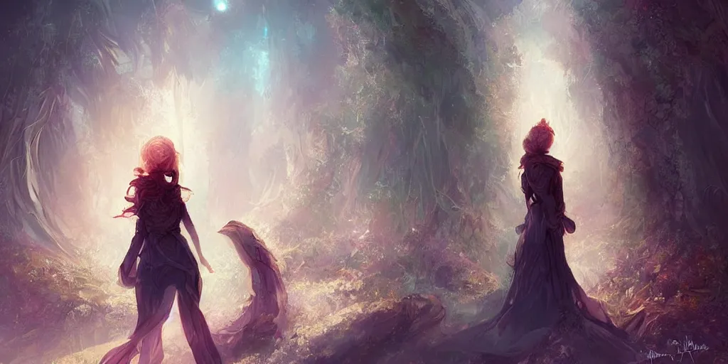 Image similar to The path before us, the world behind us, I'll wait for you there. Digital art in the style of Charlie Bowater and Hans Zatzka, hopeful and bright, interesting light, trending on artstation