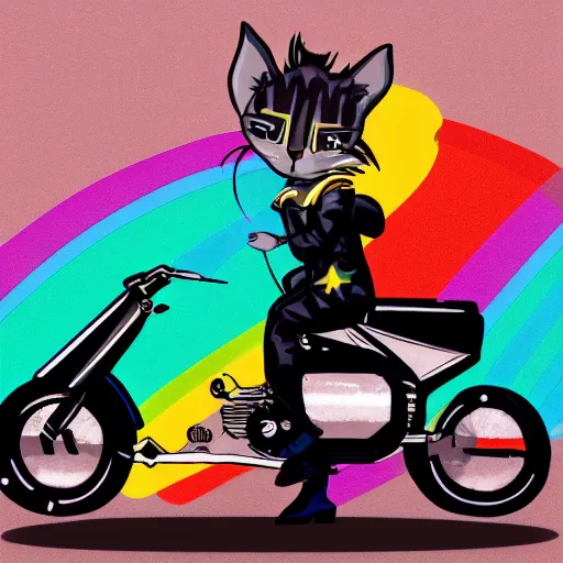 Image similar to wide angle full body, jacket wearing fluffy cute rainbow kitten wearing a black leather motorcycle jacket, riding on a motorcycle, cinematic concept art