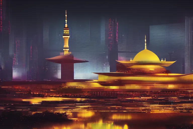 Image similar to exterior view of istiqlal mosque tokyo at night, promotional architectural photo, but in setting of japanese cyberpunk, neon tones, cgsociety, artstation