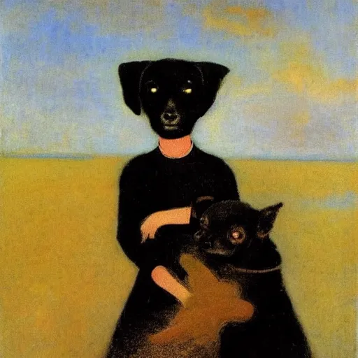 Image similar to a woman and her black chihuahua by the sea odilon redon