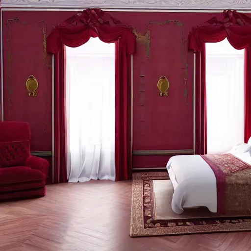 Image similar to rich bedroom, beautiful detail, red velvet bedding, liminal space, high detail, rendered in unreal engine, 3d render, god rays, volumetric lighting, mansion, interior, large windows, vegetation