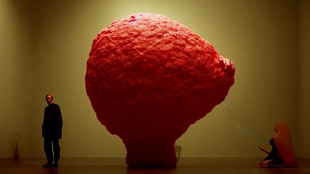 Prompt: a giant hand made of wax float through the living room, film still from the movie directed by Denis Villeneuve with art direction by Zdzisław Beksiński, wide lens