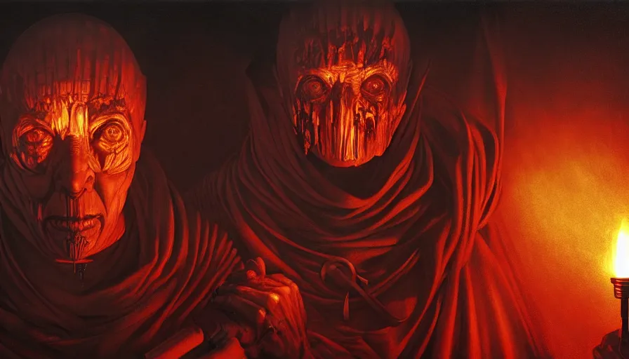 Prompt: a grand inquisitor with a torch behind which is a burning village,, fine details, blood, digital art, volumetric lighting, cinematic light, photorealistic, by dan mumford and zdzisław beksinski, by giger, by caravaggio, perfect faces, fine details, 4 k,