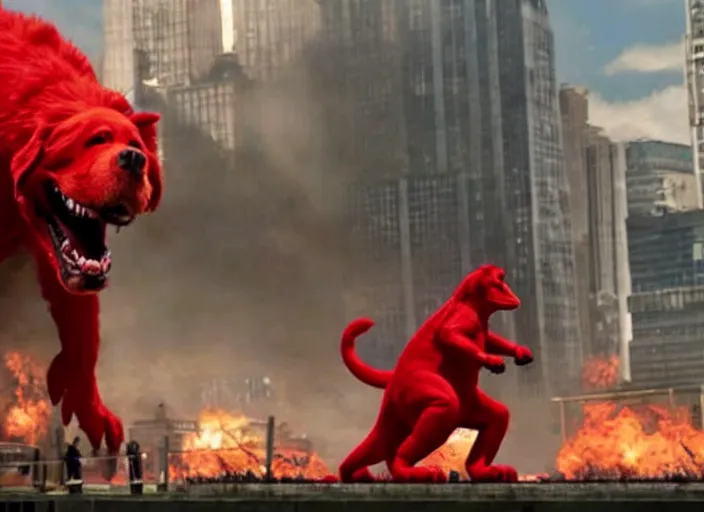 Prompt: film still of clifford the big red dog fighting in new york city in the new godzilla pacific rim crossover movie