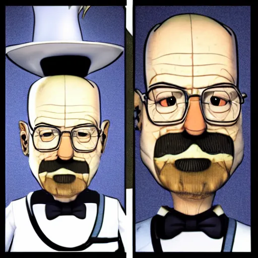 Image similar to walter white as an animatronic from the video game five nights at freddys