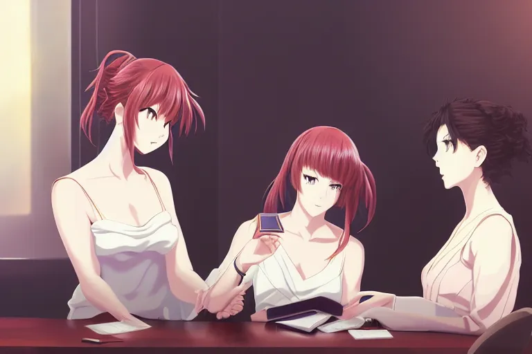 Image similar to portrait of two wise and very beautiful women discussing some texts appearing in a computer screen, art by ufotable, intricate, elegant, highly detailed, smooth, sharp focus, artstation