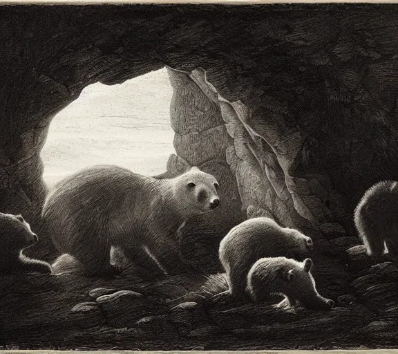 Image similar to viewer looking into dark cave and seeing a mother bear and her cubs sleeping, night time, artwork by Pieter Claesz, cross hatching, framed painting,