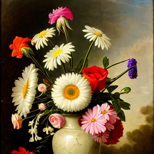 Image similar to a still life of a vase of flowers with a mix of roses daisies and lilies.