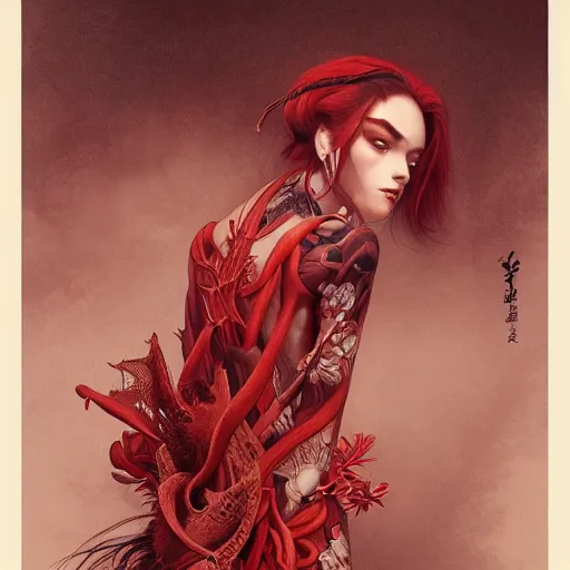 Image similar to ultra realistic illustration, beautifulwoman dressed in red kimono, backview, tattoos, in the style of peter mohrbacher by weta digital and beth cavener, high face symmetry, intricate, masterpiece, award winning, high face symmetry, intricate