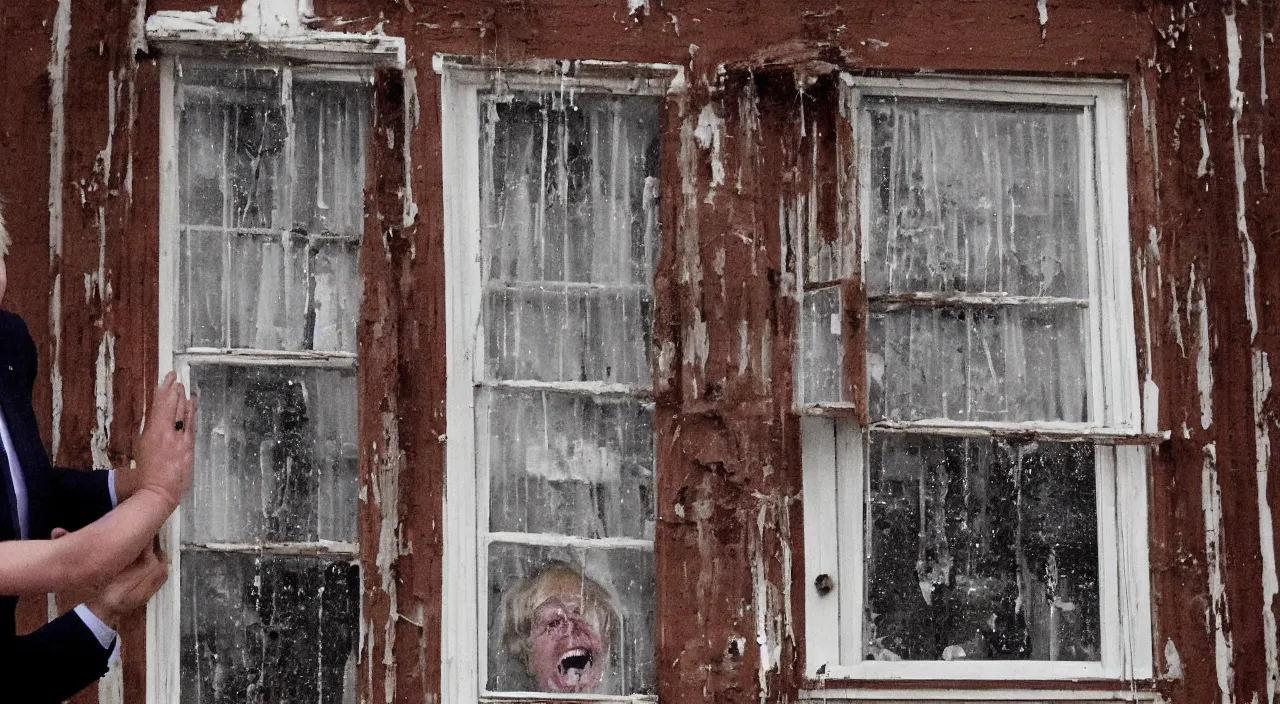 Image similar to a zoomed out photo taken from the inside of an old house, showing window blinds being pulled back to reveal a terrifying boris johnson his unhinged face pressed against the window and his bloody hands placed on the window, horrifying grin. horror, raining, night time