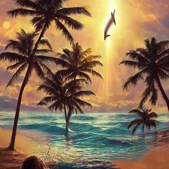 Image similar to dolphin swimming, golden hour, god rays, by artgerm and ismail inceoglu and greg olsen, palm trees, cosmos, milky way galaxy, masterpiece, beautiful, intricate, elegant, highly detailed