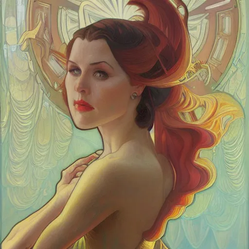 Image similar to a streamline moderne painting in the style of donato giancola, and in the style of charlie bowater, and in the style of alphonse mucha. symmetry, smooth, sharp focus, semi - realism, intricate detail.