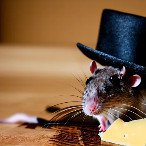 Image similar to a rat wearing a bowler hat eating cheese. sigma 5 0 mm f / 1. 4