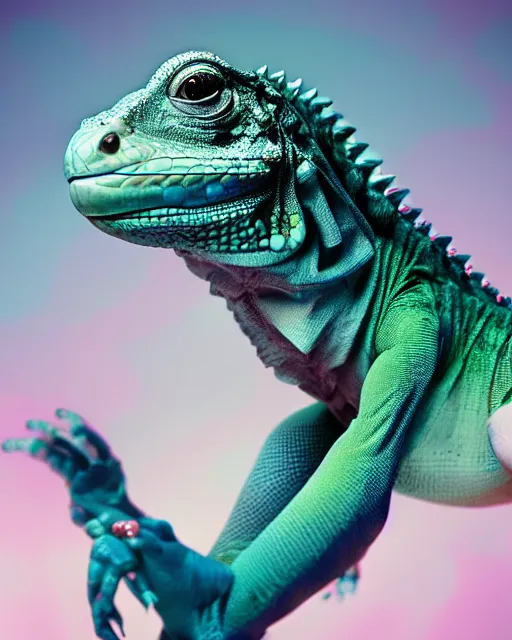 Prompt: natural light, soft focus portrait of a cyberpunk anthropomorphic iguana with soft synthetic pink skin, blue bioluminescent plastics, smooth shiny metal, elaborate ornate head piece, piercings, skin textures, by annie leibovitz, paul lehr