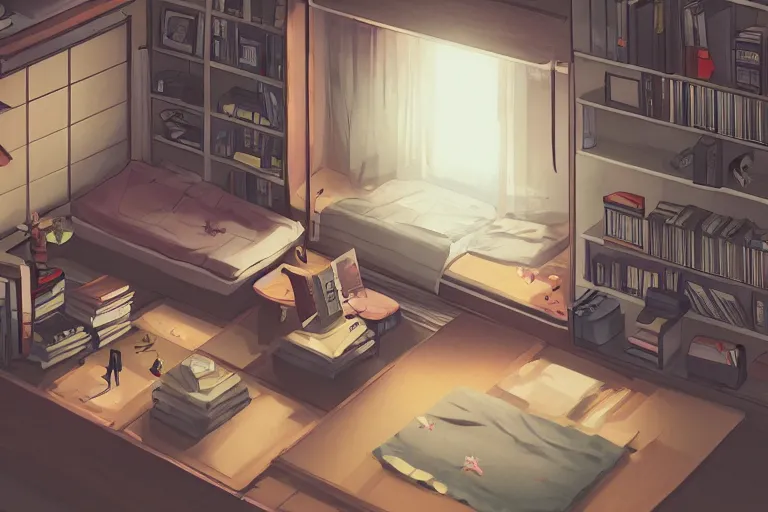 Image similar to a room of a japanese young man, bookshelves, cd, tiny, clean and tidy, small balcony, tatami, warm, cozy, isometric art, bright, artstation, highly detailed, cinematic lighting + masterpiece, life is strange, illustration