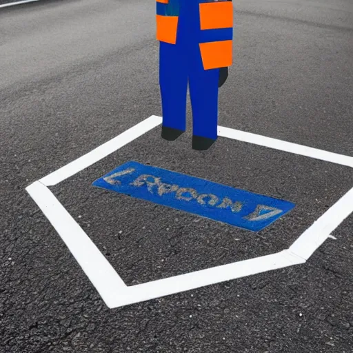 Image similar to a skeleton wearing a blue spendex suit with road - cones for hands