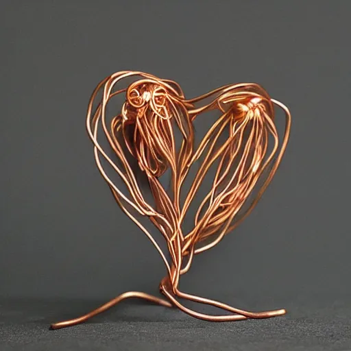 Prompt: a very beautiful tiny organic sculpture in the shape of a ( ( ( ( human heart ) ) ) )!!!!!!!!!!!!!!!!!!!!!!!!! made of copper wire and threaded pipes, very intricate, curved. studio lighting, high resolution, high quality, black background