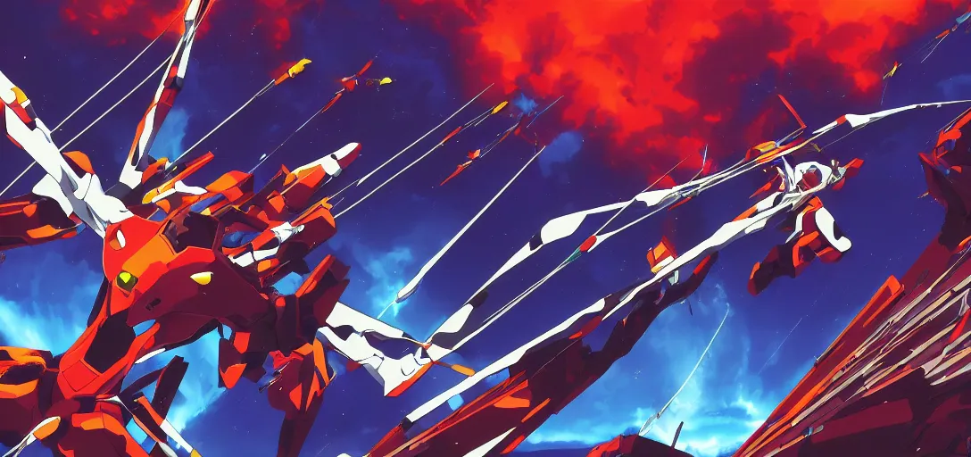 Image similar to evangelion angels destroying earth, third impact, high definition, retro, wide shot, digital art, anime, devinart, artstation