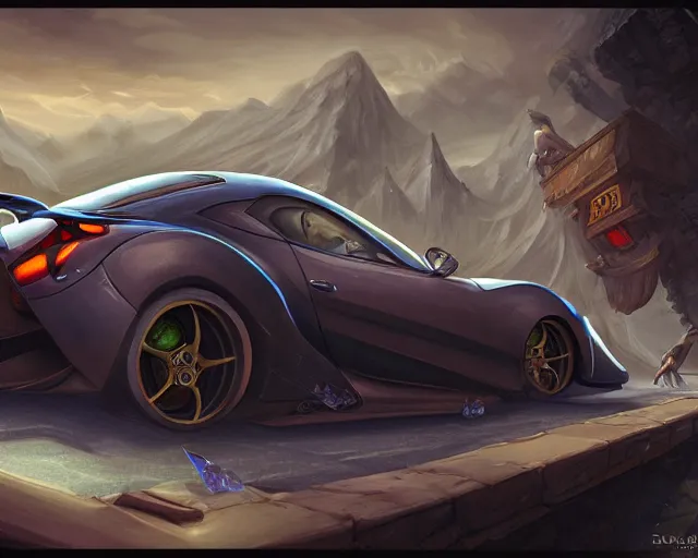 Image similar to sports car photography, deep focus, d & d, fantasy, intricate, elegant, highly detailed, digital painting, artstation, concept art, matte, sharp focus, illustration, hearthstone,