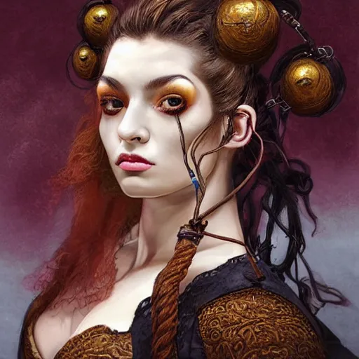 Image similar to portrait of a Shibari rope wrapped face and neck, headshot, insanely nice professional hair style, dramatic hair color, digital painting, of a old 17th century, old cyborg merchant, amber jewels, baroque, ornate clothing, scifi, realistic, hyperdetailed, chiaroscuro, concept art, art by Franz Hals and Jon Foster and Ayami Kojima and Amano and Karol Bak,