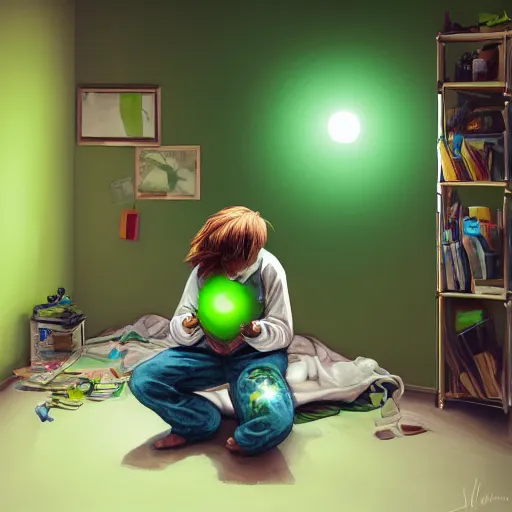 Prompt: painting of small green glowing orb is floating in front of a fourteen year old boy with auburn hair, wearing pajama, standing in a dark bedroom room, profile view, a look of surprise on his face, concept art, un made bed, piles of clothes on the floor, high detail dramatic lighting, samma van klaarbergen,