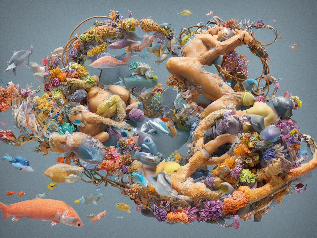 Image similar to a sculpture of fish ocean intertwined, a lovely cornucopia of flowers and human body parts, body parts, highly detailed, octane render, cinematic, shock, sharp focus, ball