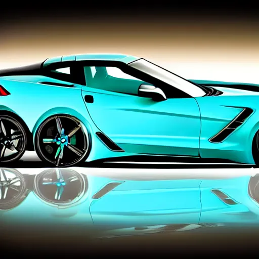Image similar to a small dark luminous turquoise color liquid water sculpture is hybrid of a corvette convertible, luminous turquoise color liquid water masquerades as a corvette convertible, viscous, reflective, monochromatic, digital art