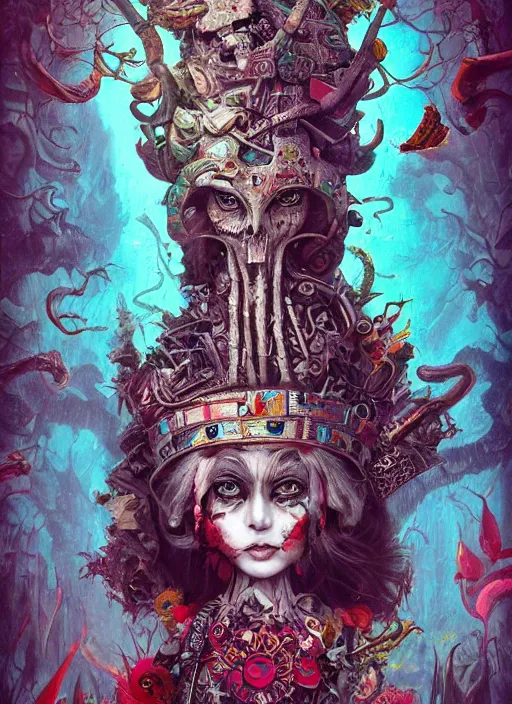 Image similar to alice in wonderland, aztec god, highly detailed, cinematic, 8 k, by megan duncanson, benjamin lacombe, adrian borda, stanley artgermm, tom bagshaw, craig mullins, carne griffiths, ayami kojima, beksinski, giger, trending on deviantart, hyper detailed, horror, full of colour